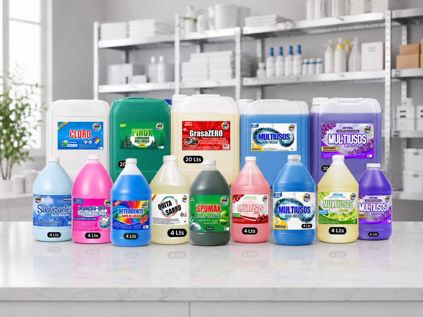Productos de limpieza SUNA en presentaciones de 4 y 20 litros